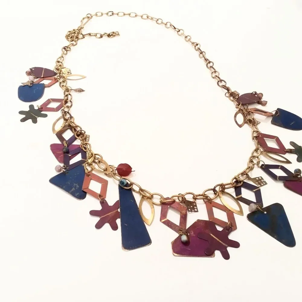 Vintage Brass Tone Boho Chain Statement Belt Multi Color Charms 42 Inch